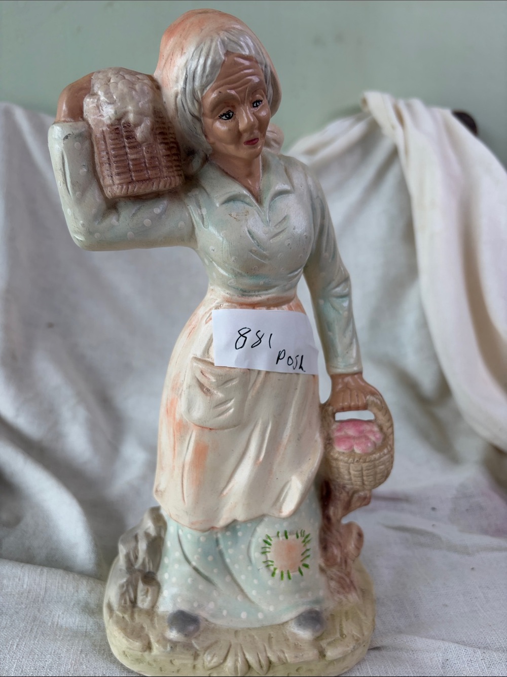 Vintage Ceramic Farm Girl Figurine in Pastel Cream & Soft Green